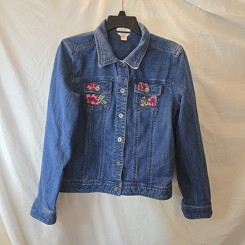 Christopher & Banks Floral Embroidered Denim Jean Jacket Stretch Sz L Boho